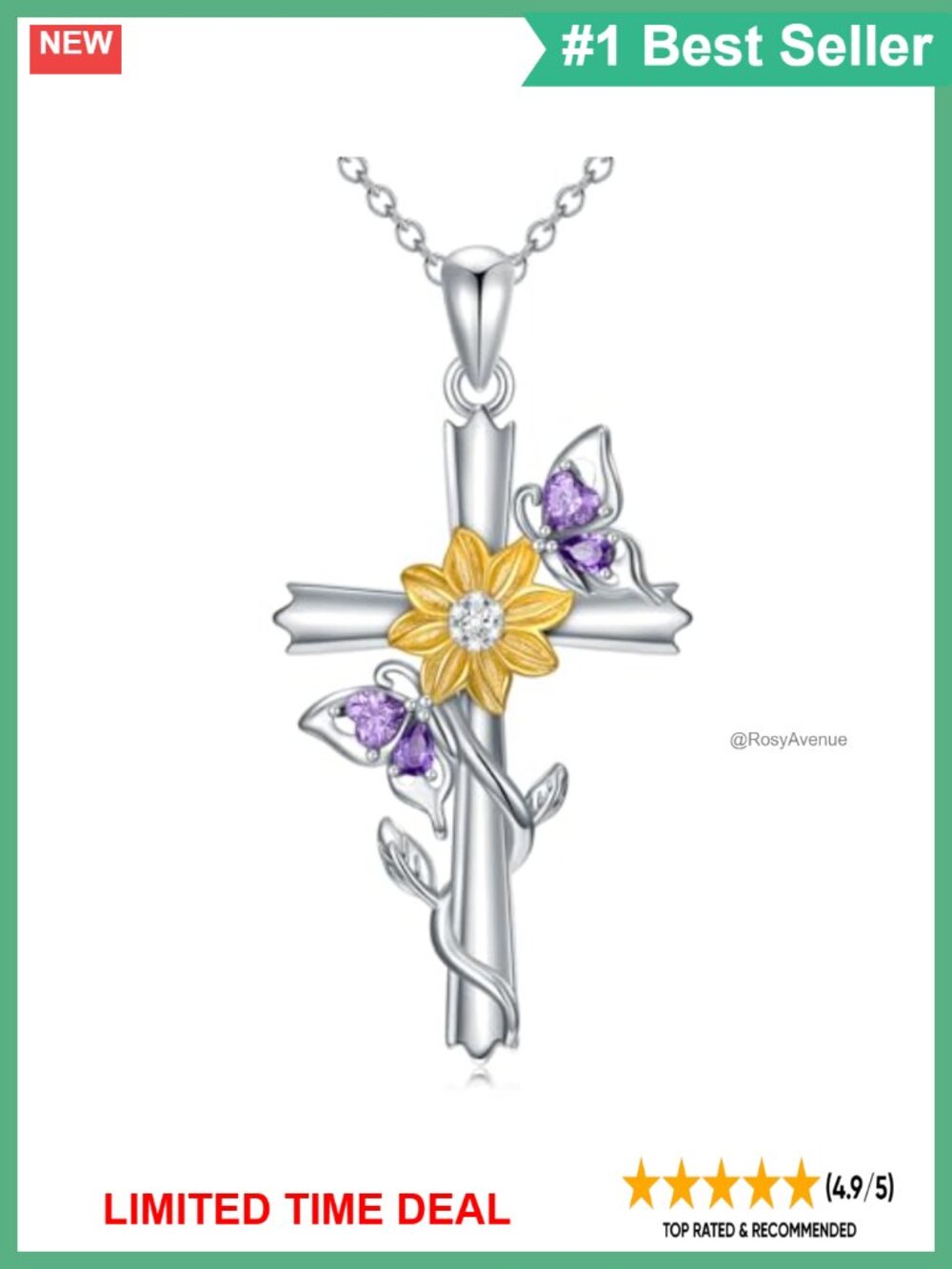 Sterling Silver Cross Necklace Butterfly Sunflower Pendant 18+2 Inch Women